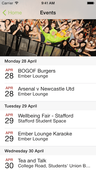 Staffordshire University Students Union iOS App Events Screen